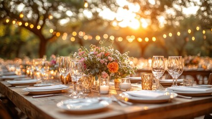 Rustic outdoor wedding reception dinner table