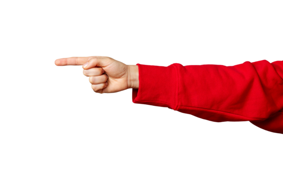 Woman's hand in a red sleeve pointing forward with her index finger