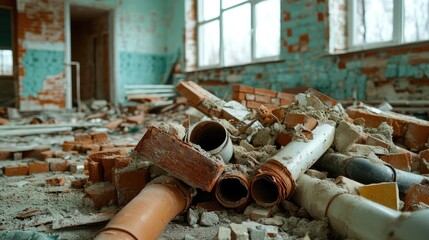 Construction site after demolition, filled with mixed debris, including pipes, bricks, and cement dust.