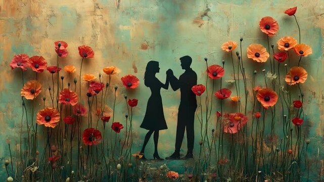 A girl's shadow holding hands with a man in the background, surrounded by Red poppy flower, creating a memorial day card with the words of remembrance.