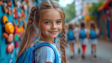Adorable Schoolgirl with Braids and Backpack Smiling in Colorful Outdoor Setting
