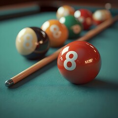Close up of Eight Ball on Pool Table with Cue Stick and Other Balls
