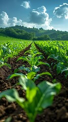 Fototapeta premium Lush Green Crop Field Rows Vibrant Spring Agriculture Sunny Day Landscape
