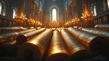 Ancient Scrolls in a Golden Cathedral Interior