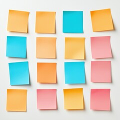 Hybrid work to boost the productivity of remote teams Concept. A vibrant arrangement of colorful sticky notes in orange, blue, and pink, arranged in a neat grid pattern against a white background.