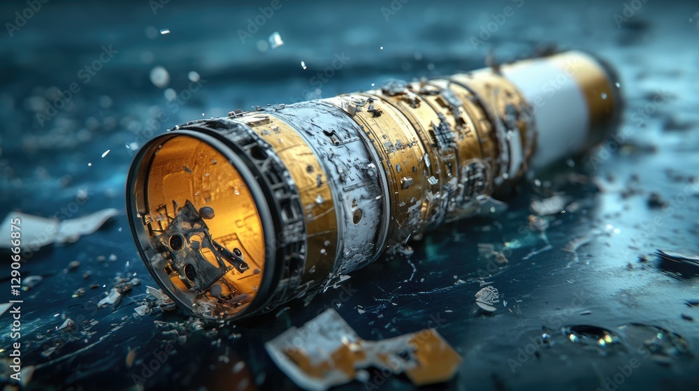 Poster defunct rocket stage floating in space, surrounded by broken fragments and satellite wreckage.