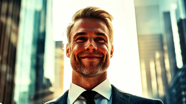 A strong and determined businessman in a modern city, embodying confidence and ambition.
