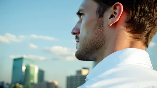 A visionary young entrepreneur looks towards the future with determination and confidence.