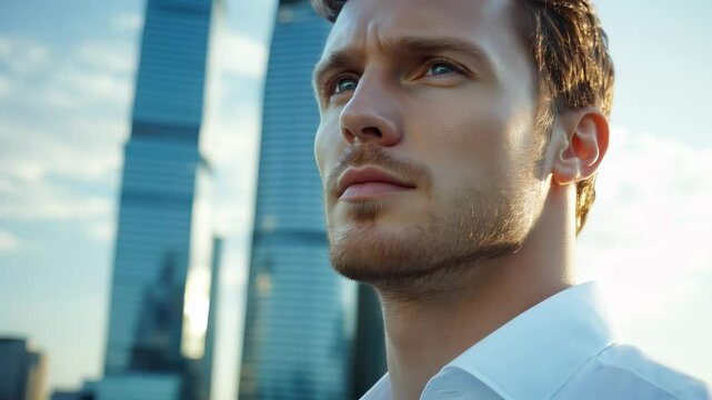 A visionary young entrepreneur looks towards the future with determination and confidence.