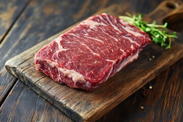 Fototapeta premium Juicy marbled steak resting on rustic wooden cutting board, garn