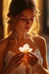 Naklejka premium A bride gently holds a delicate petal in her hands, gazing at its beauty with a serene expression.