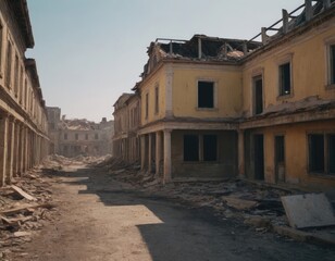 An entire row of abandoned buildings, including a yellow one