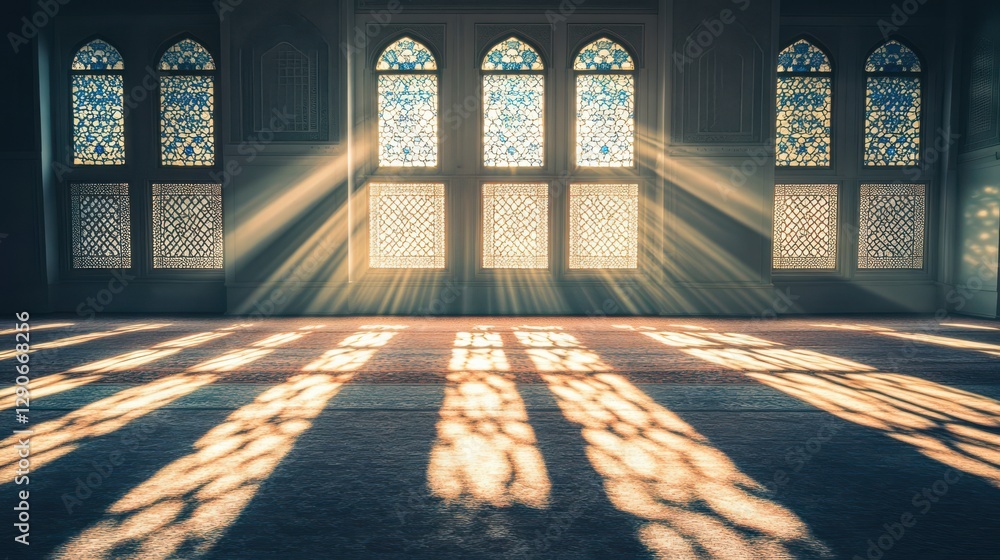 Poster sunlight streaming through intricate windows in historic architecture