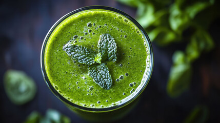 vibrant green smoothie topped with fresh mint leaves, showcasing healthy and refreshing drink. Perfect for nutritious boost any time of day