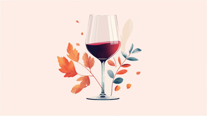 A digital illustration depicting a stemmed wine glass filled with red wine.  The glass is centrally positioned against a light beige background.  Surrounding the glass are stylized