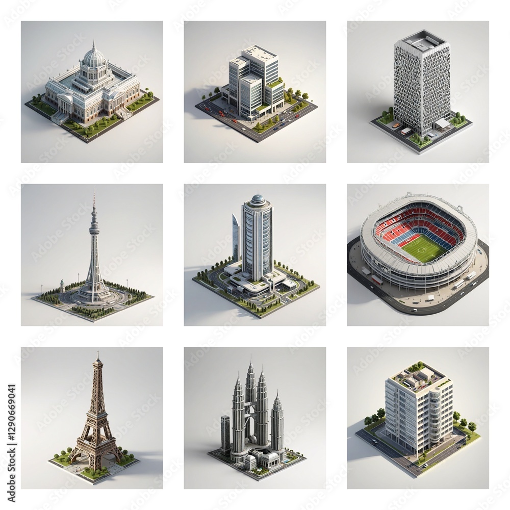 Poster famous building collection showcasing famous landmarks and diverse building structures in an isometr