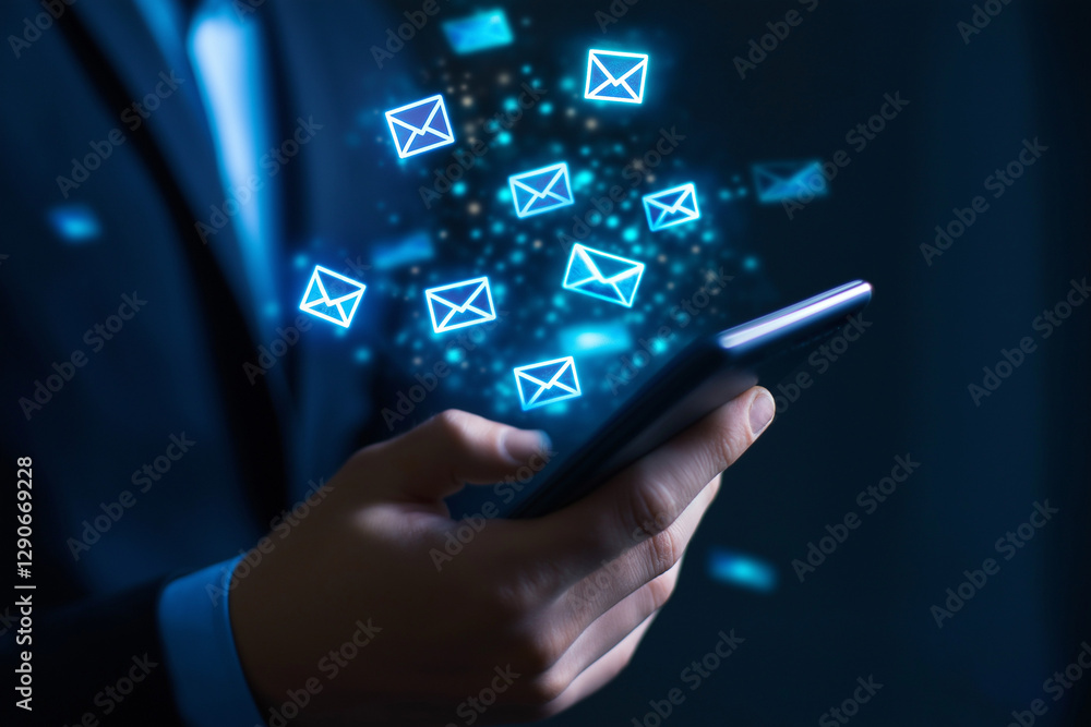 Poster business email communication in the digital age new messages and alerts. inbox with email marketing 