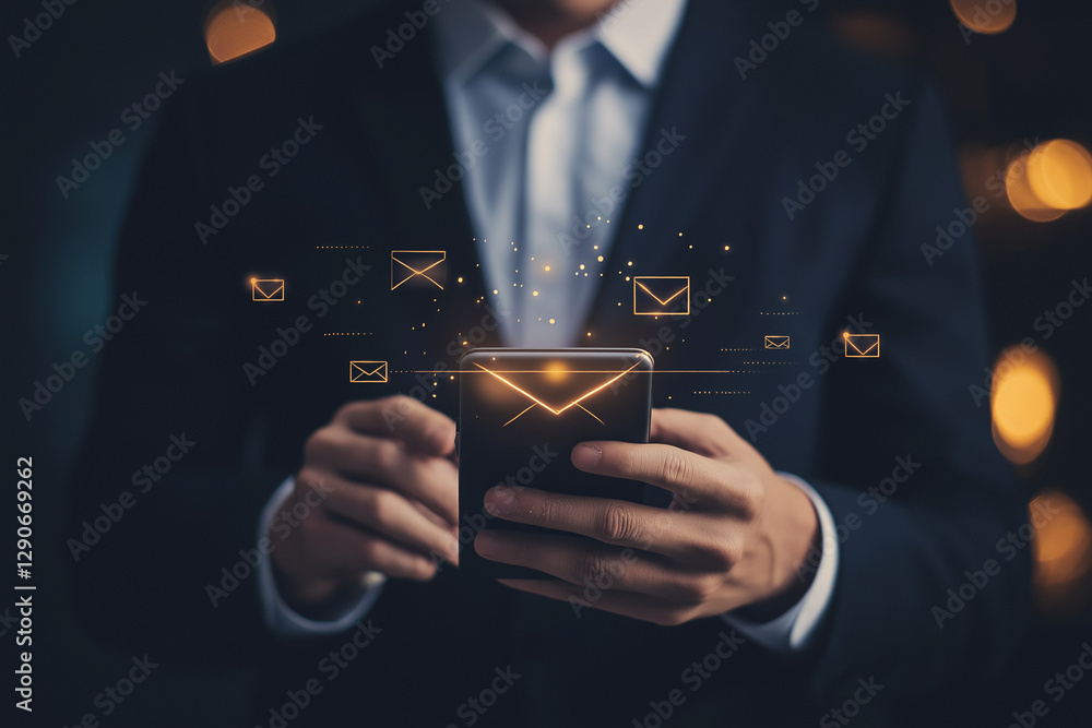 Poster business email communication in the digital age new messages and alerts. inbox with email marketing 