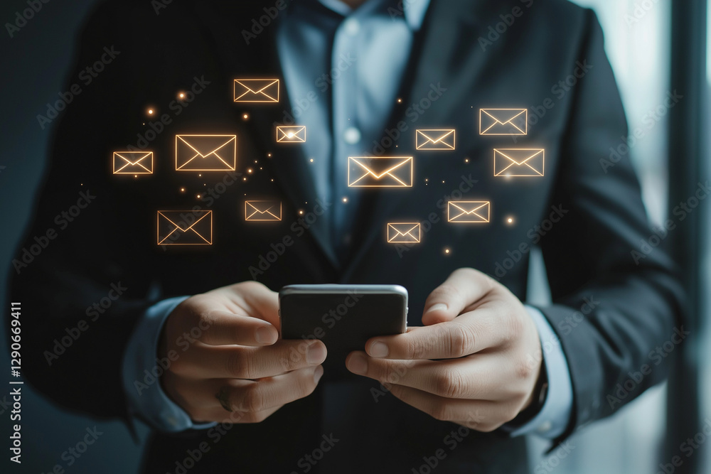 Poster business email communication in the digital age new messages and alerts. inbox with email marketing 