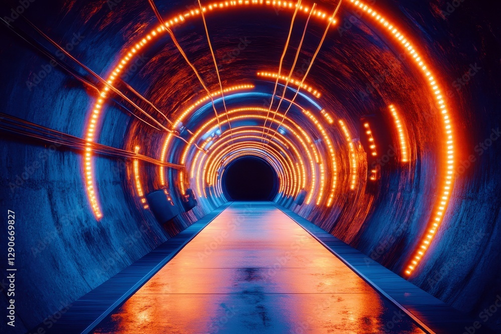 Poster futuristic tunnel with neon lights and dynamic flowing patterns in a dark environment capturing mode