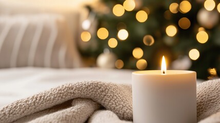 White candle on a bed with a beige blanket draped over it. the candle is lit, casting a warm glow on the surrounding area.
