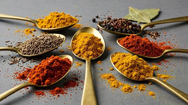 An artistic arrangement of colorful spices in metal spoons