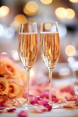 Romantic wedding toast with champagne glasses raised, surrounded by delicate petals for a perfect celebration.