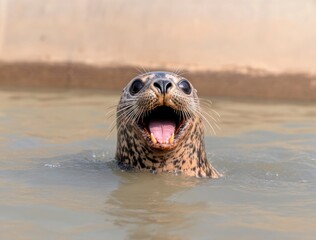 Playful Seal Smiling with Open Mouth in Calm Water Environment