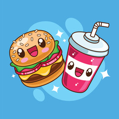 Hand drawn cute kawaii hamburger abd soft drink vector collection