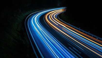 Night Highway Curve, Long Exposure Light Trails, Dynamic Motion Blur, Transportation Background