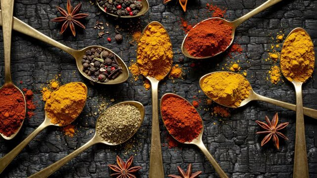 A vibrant display of assorted spices on golden spoons