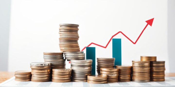 A stack of coins forming a bar chart and graph trending downwards, symbolizing economy recession crisis inflation stagflation business financial loss, crisis, recession, stack