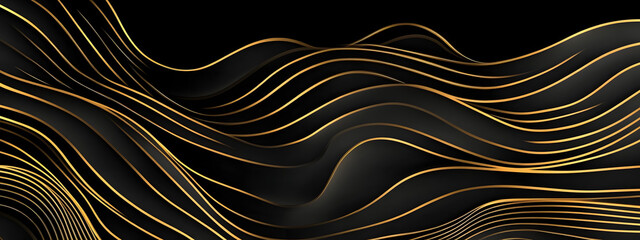 Naklejka premium Dark background, golden lines in the shape of waves, high contrast 