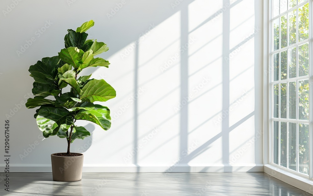 Poster modern interior with a fiddle leaf fig tree in a minimalist space featuring large windows and natura