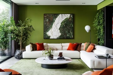 Contemporary living room with green accent wall, plush white sofa, stylish decor, large artwork, and plants creating a serene and modern atmosphere