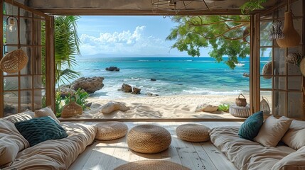 Obraz premium Serene Beach View from Cozy Tropical Room Relaxation Vacation Interior Design