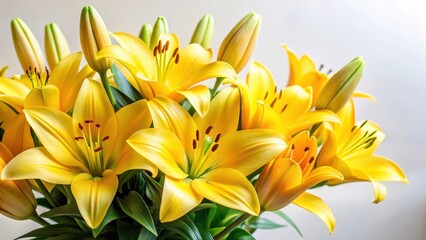 Fototapeta premium Colorful yellow lily flowers arranged in a loose bouquet against a soft white background, with some greenery added for texture and depth, white background, flowers
