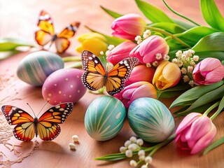 Fototapeta premium Blush Pink Easter Decor: Wooden Eggs, Butterflies, Tulips & Mimosa