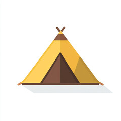 An illustration of an orange and yellow triangular tent with a black entrance flap, set up with stakes and ropes, isolated on flat background. 
