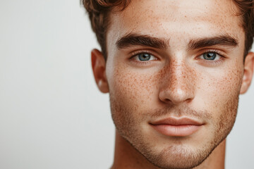 Obraz premium Closeup photoshoot of handsome man with freckles. Advertising concept of healthy lifestyle, self-care, dermatology and skincare
