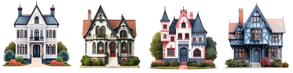 Obraz premium Collection of Exquisite Victorian Era Historic Houses with Intricate Architectural Facades Decorative Elements and Beautifully Landscaped Outdoor Spaces
