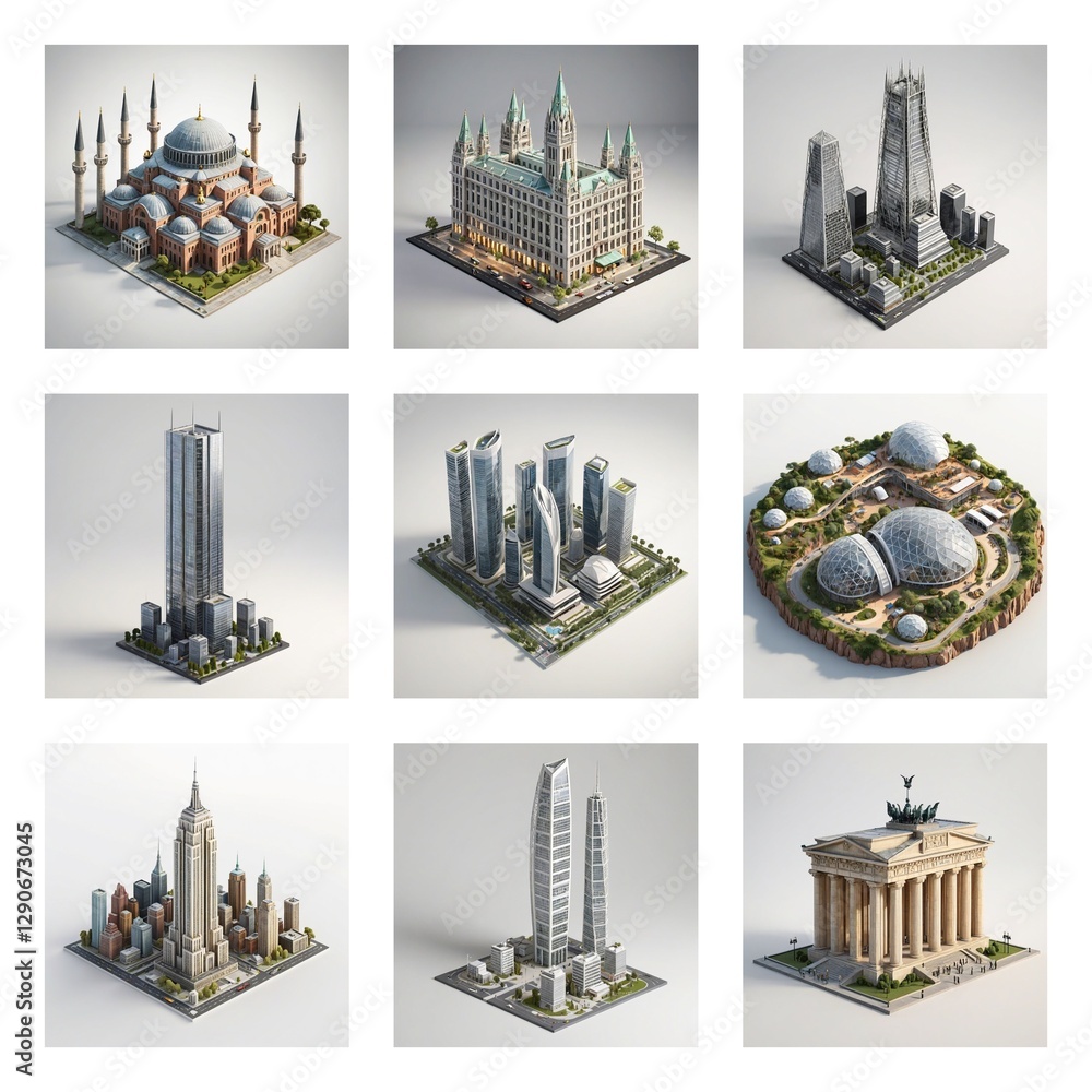 Poster a collection of famous landmark buildings is showcased. this architectural building set features var