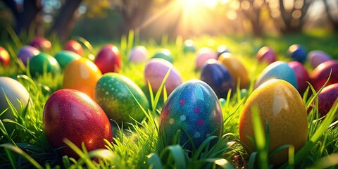 Colorful Easter Eggs Hidden in Spring Grass - Festive Holiday Photo