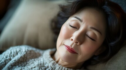 Obraz premium Serene Mature Woman Sleeping Peacefully on a Cozy Sofa Eyes Closed Relaxed Expression