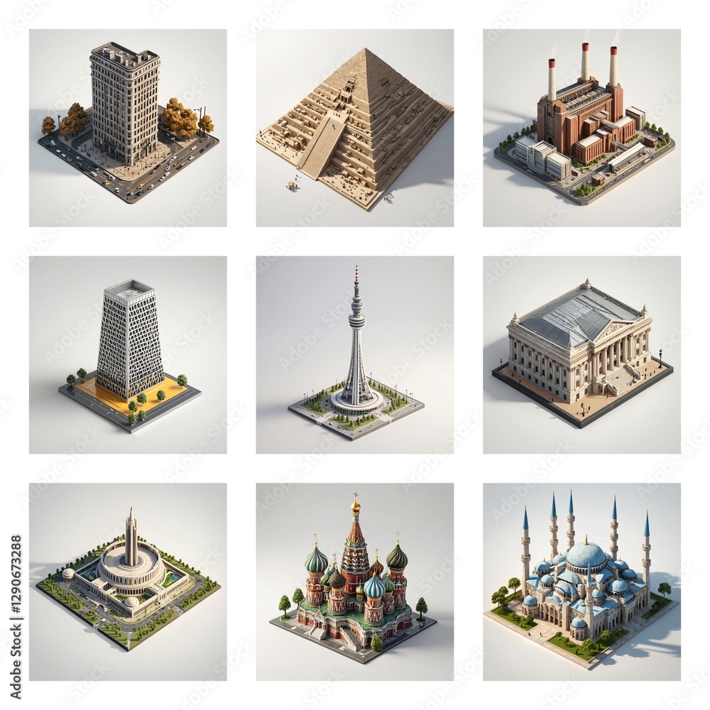 Poster a famous landmark building collection showcases diverse architectural styles. isometric views of ico