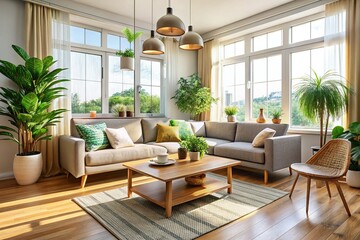 Fototapeta premium Cozy Apartment Living Room with Modern Furniture and Large Window