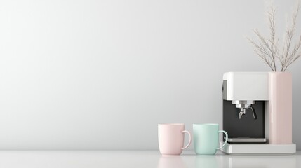 Modern coffee machine in a light pink color on a white countertop. next to the machine, there are two pink and light blue mugs.