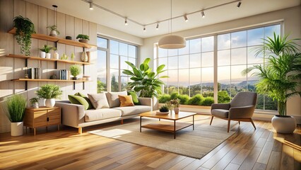 Fototapeta premium Cozy Modern Minimalist Apartment Interior Design, Bright Sunlight Streaming Through Large Window