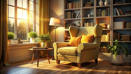 Fototapeta premium Cozy Reading Nook: Yellow Chair, Warm Evening Light, Books