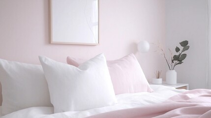 Bedroom with a white bed in the center. the bed has white sheets and pink pillows. on the right side of the bed, there is a small nightstand with a vase of eucalyptus leaves and a white lamp.